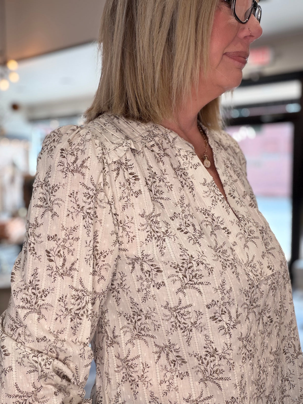 The Reese Floral Leaf Print Split Neck LS Blouse