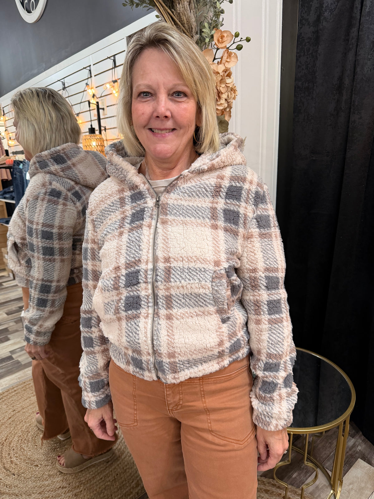 The Cori Plaid Sherpa Zip Up Hoodie Jacket