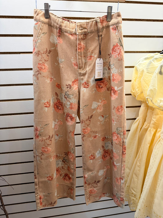 Tan/Coral Floral Cropped Jeans