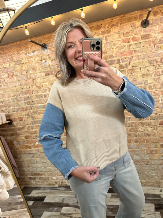 The Gracey Denim Sleeve Contrast Distressed Sweater Top