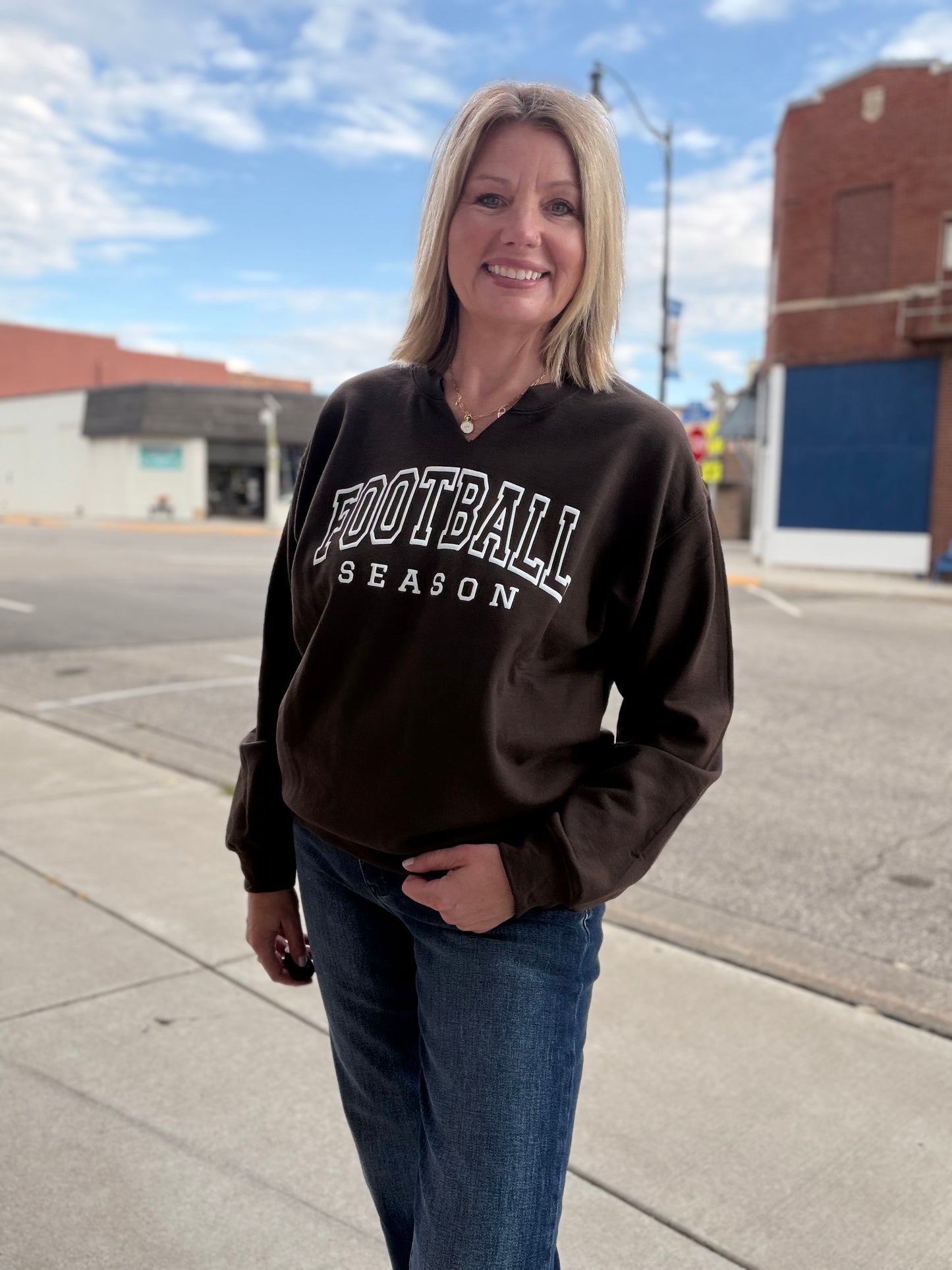 Football Season Puff Cut Neck Graphic Crew
