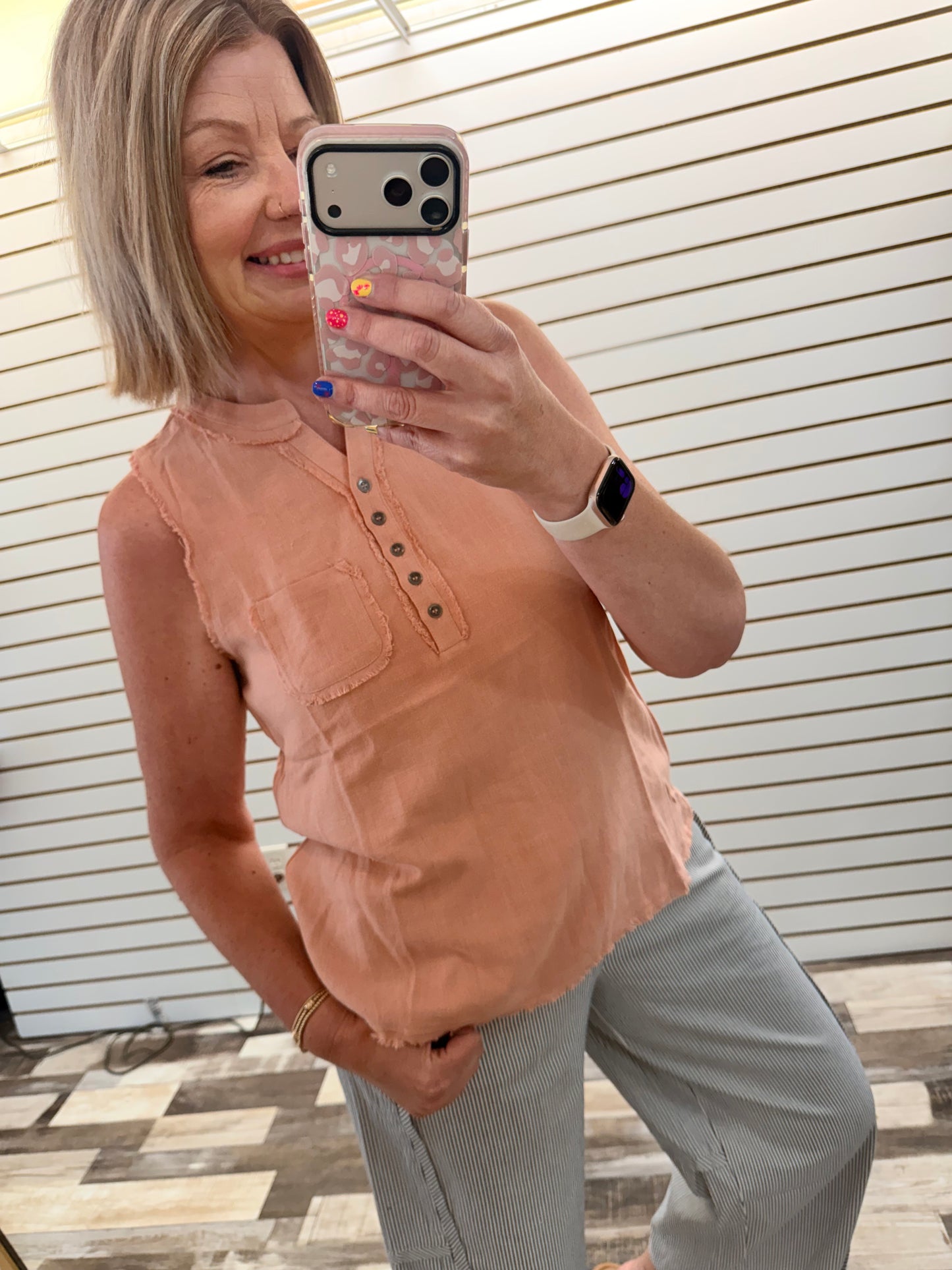 The Mari Linen Blend Split V-neck Frayed Sleeveless Top