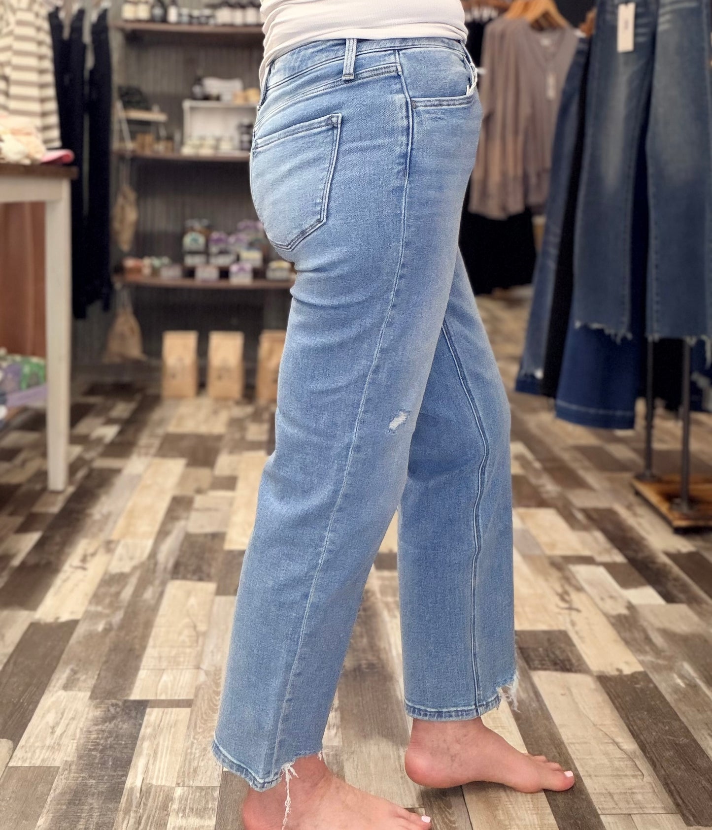 Lovervet High Rise Distressed Hem Slim Wide Leg Jeans