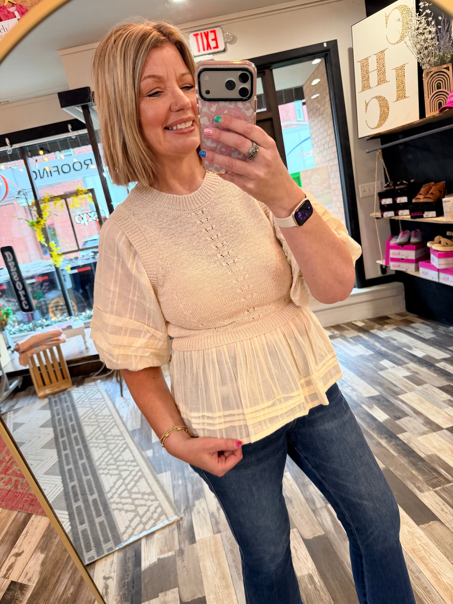 The Addi Peplum Top with Round Neck with Sheer Puff Sleeves
