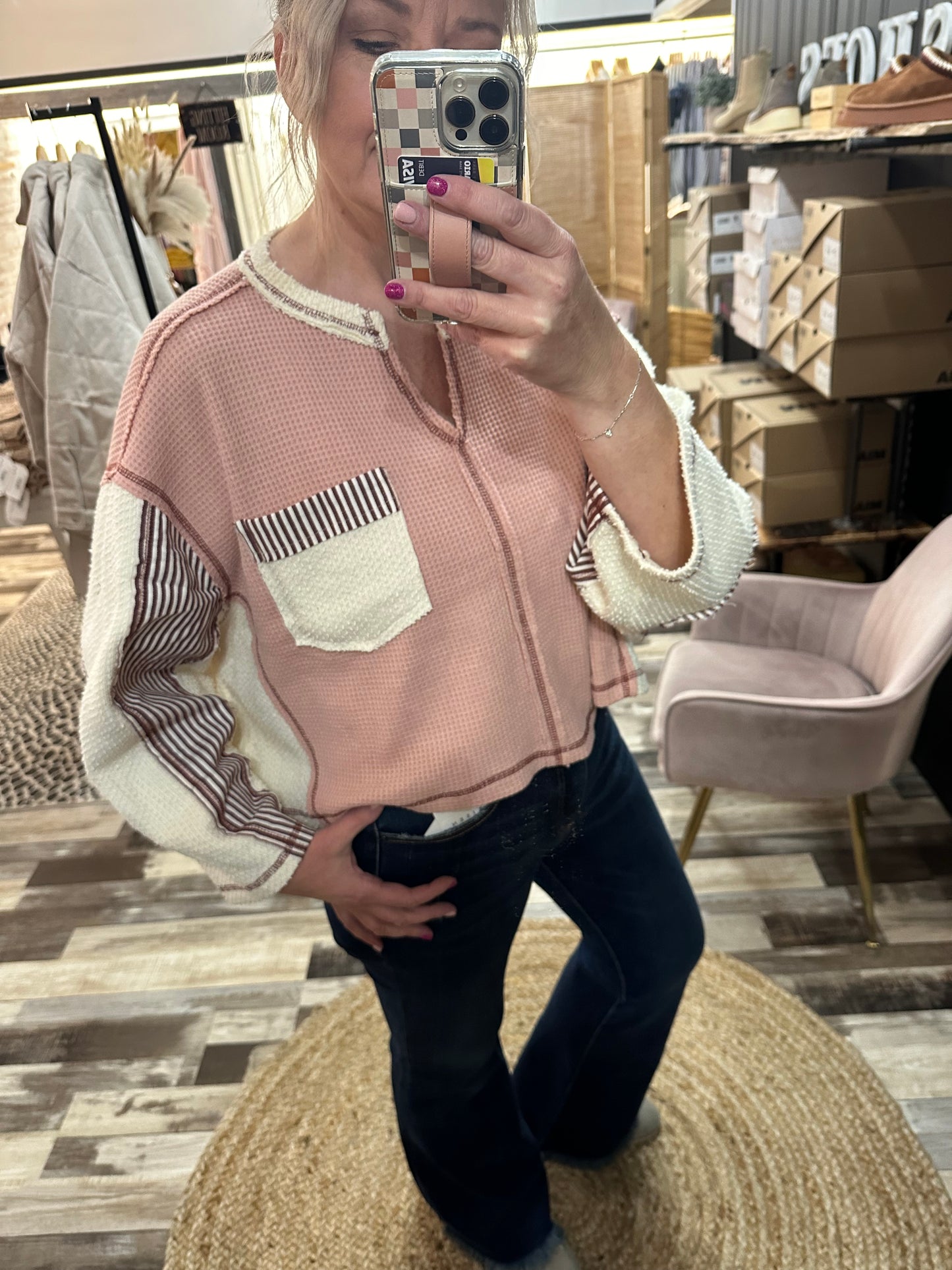 Take A Chance Round Neck Wide Sleeve Oversized Thermal Knit Top