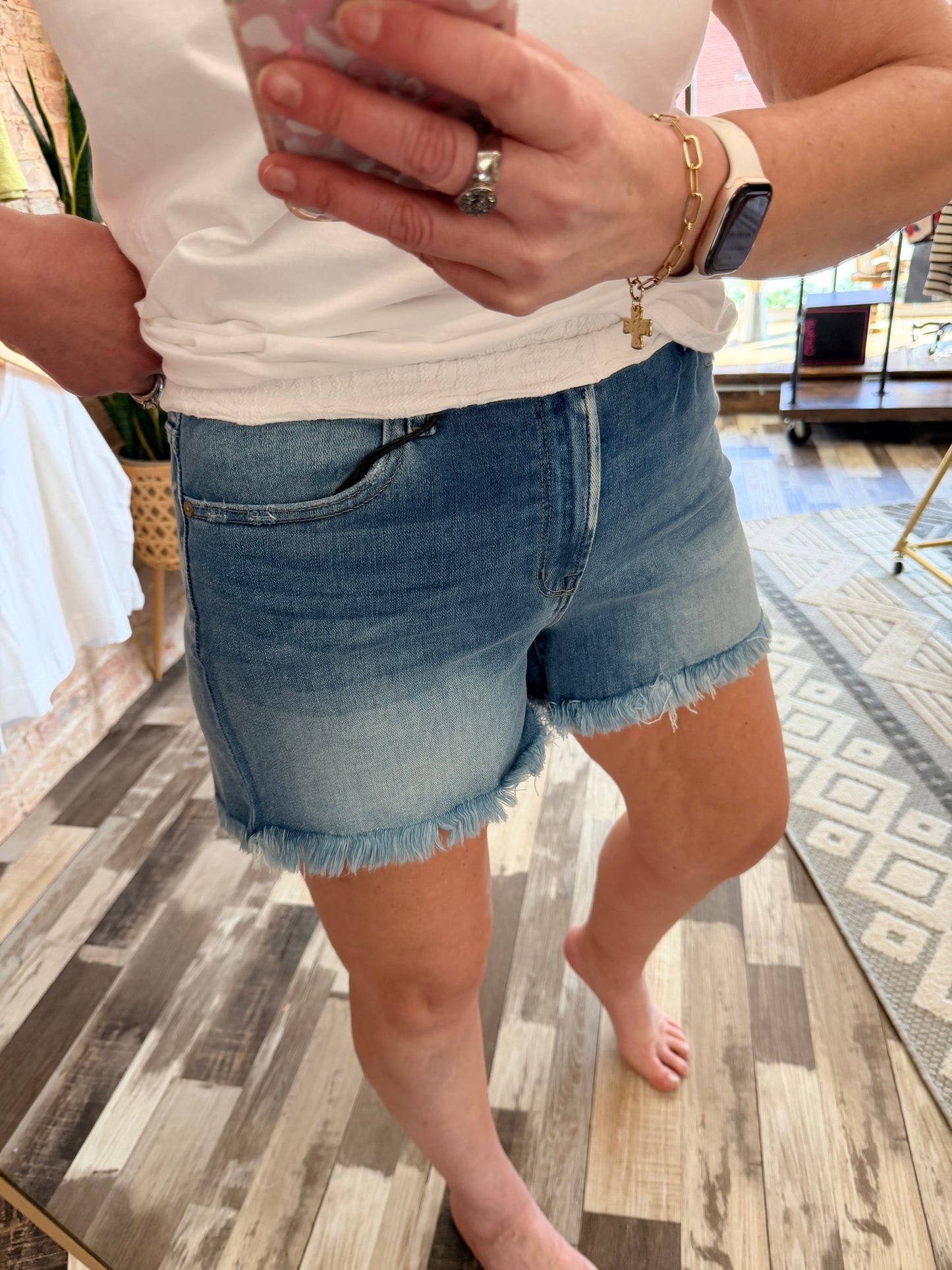 Mid Rise Raw Frayed Hem Denim Shorts