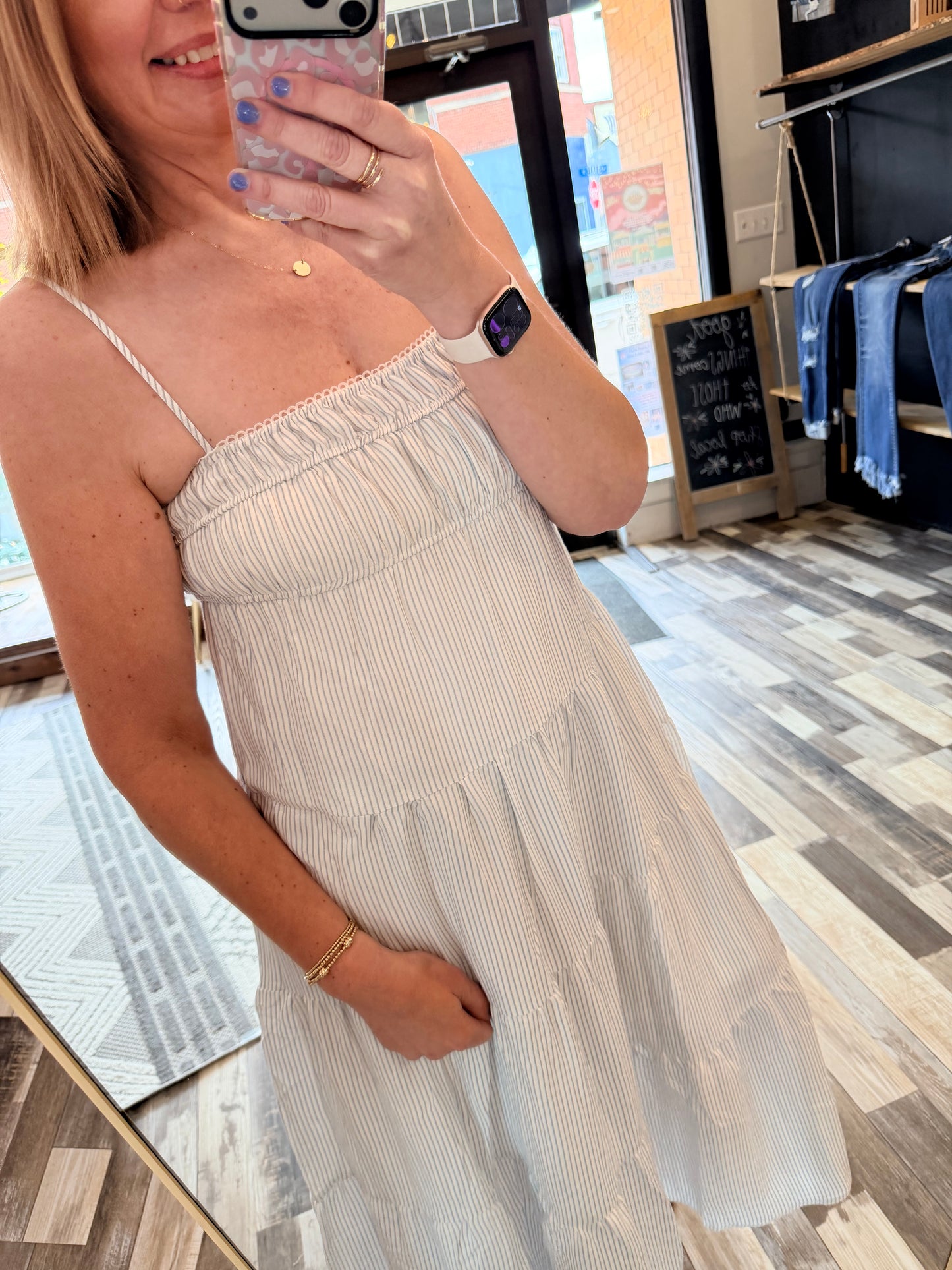 Stripe Shirred Empire Waist Tiered Midi Dress