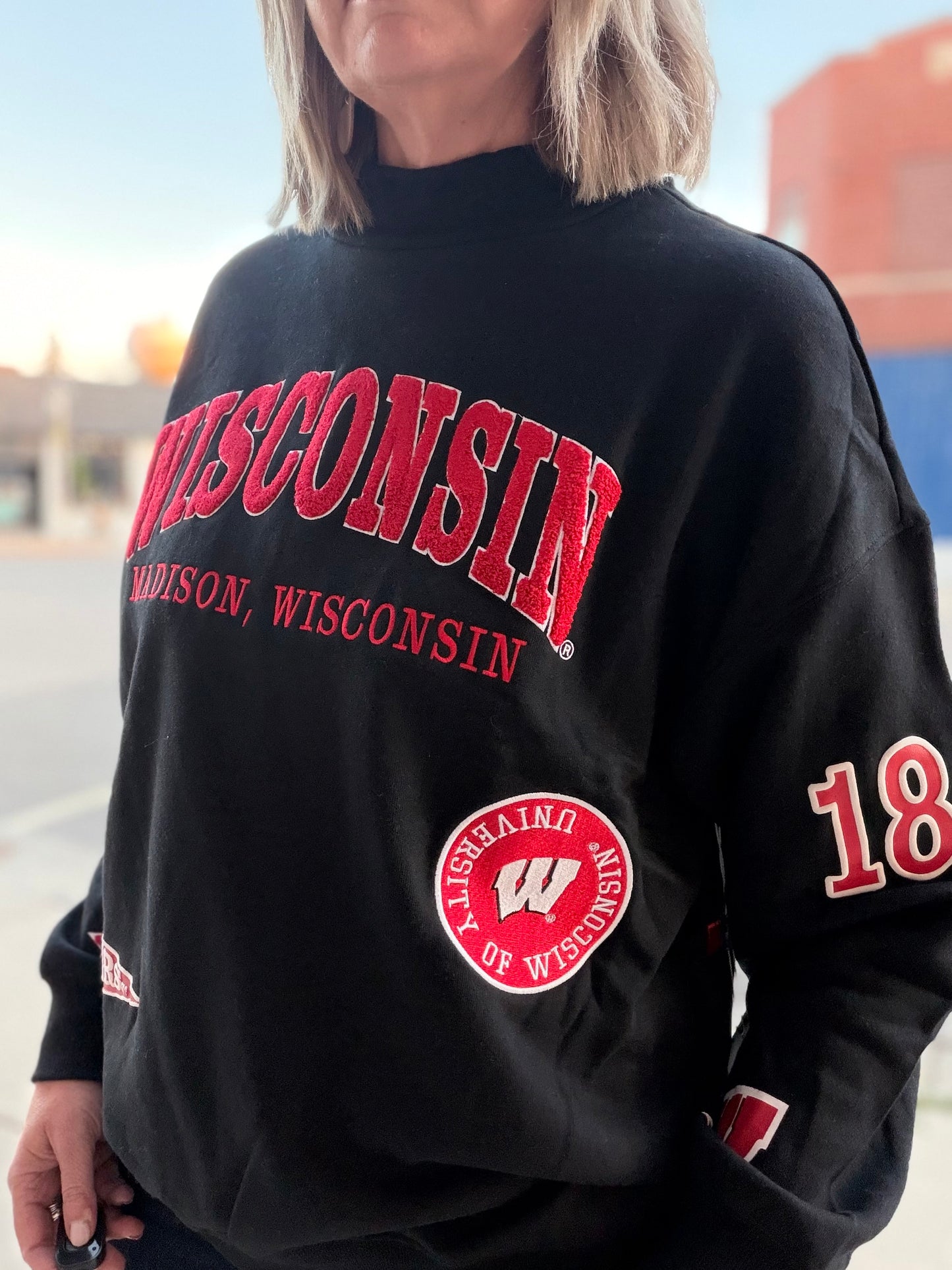Wisconsin All Over Scatter Oversized Funnel Neck