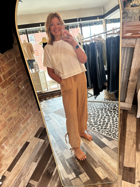 Side Tie Gauze Pants with Lace Detail
