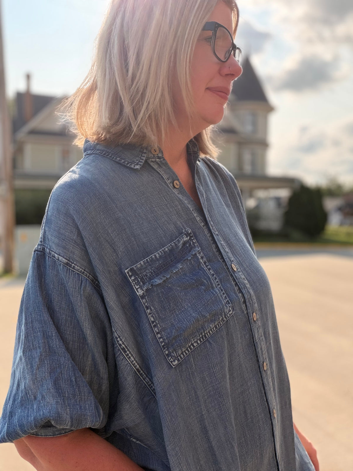 Washed Tencel Chambray Dolman Sleeve Mini Dress