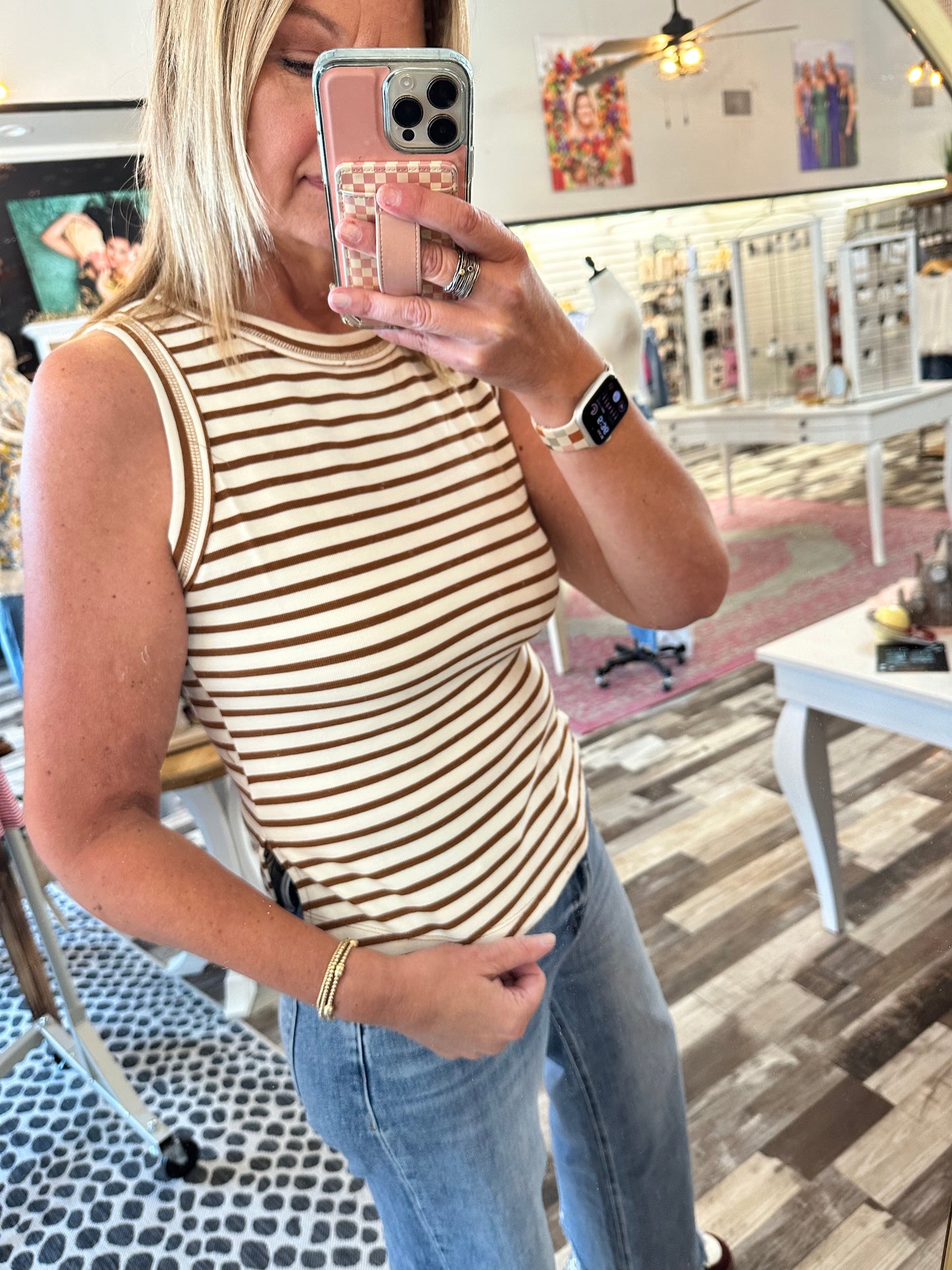 Striped Sleeveless Henley Knit Top