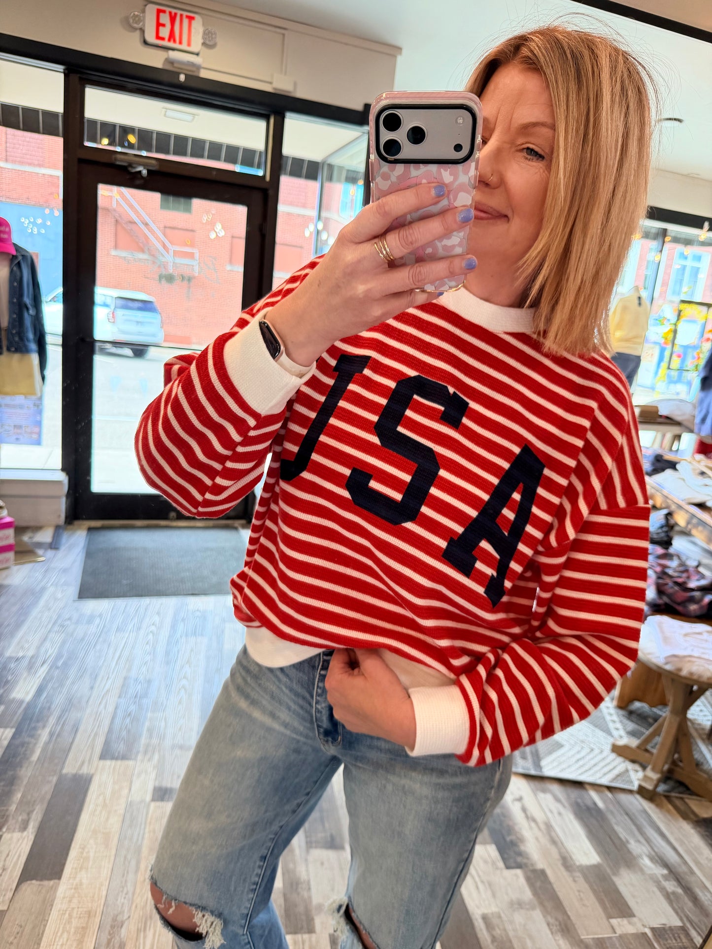 Striped Round Neck USA Americana Ribbed Knit Pullover