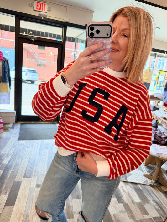 Striped Round Neck USA Americana Ribbed Knit Pullover