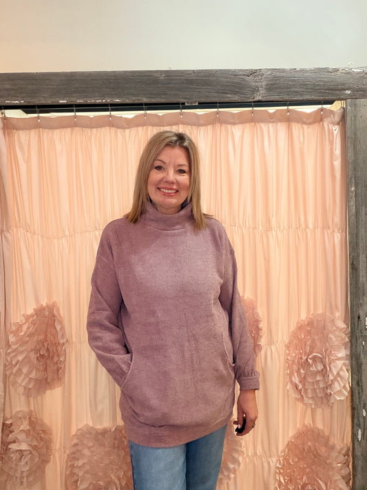 Mock Neck Ribbed Knit Tunic Sweater