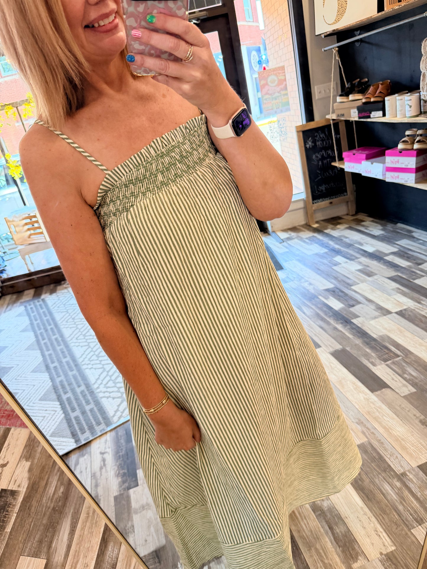 Embroidered Smocked Striped Tunic Maxi Dress