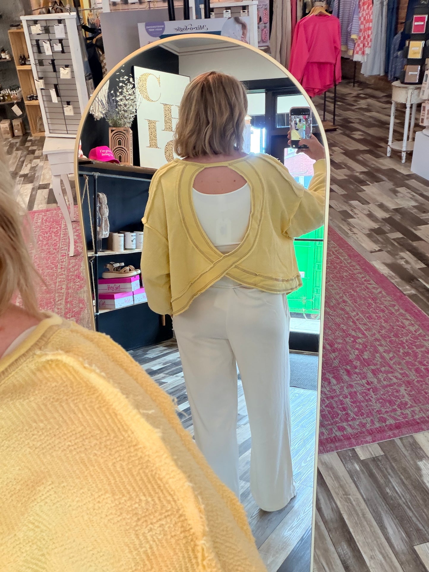 Sunshine in My Day Overlap Open Back Oversize Fit Reverse Stitched Top