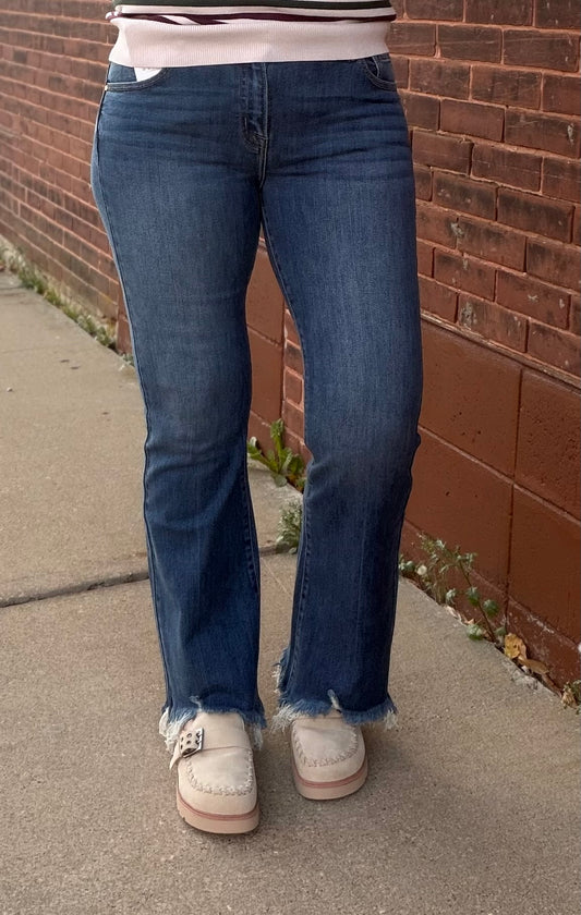 The Vintage Darling Mid Rise Flare Frayed Hem Jeans by Risen