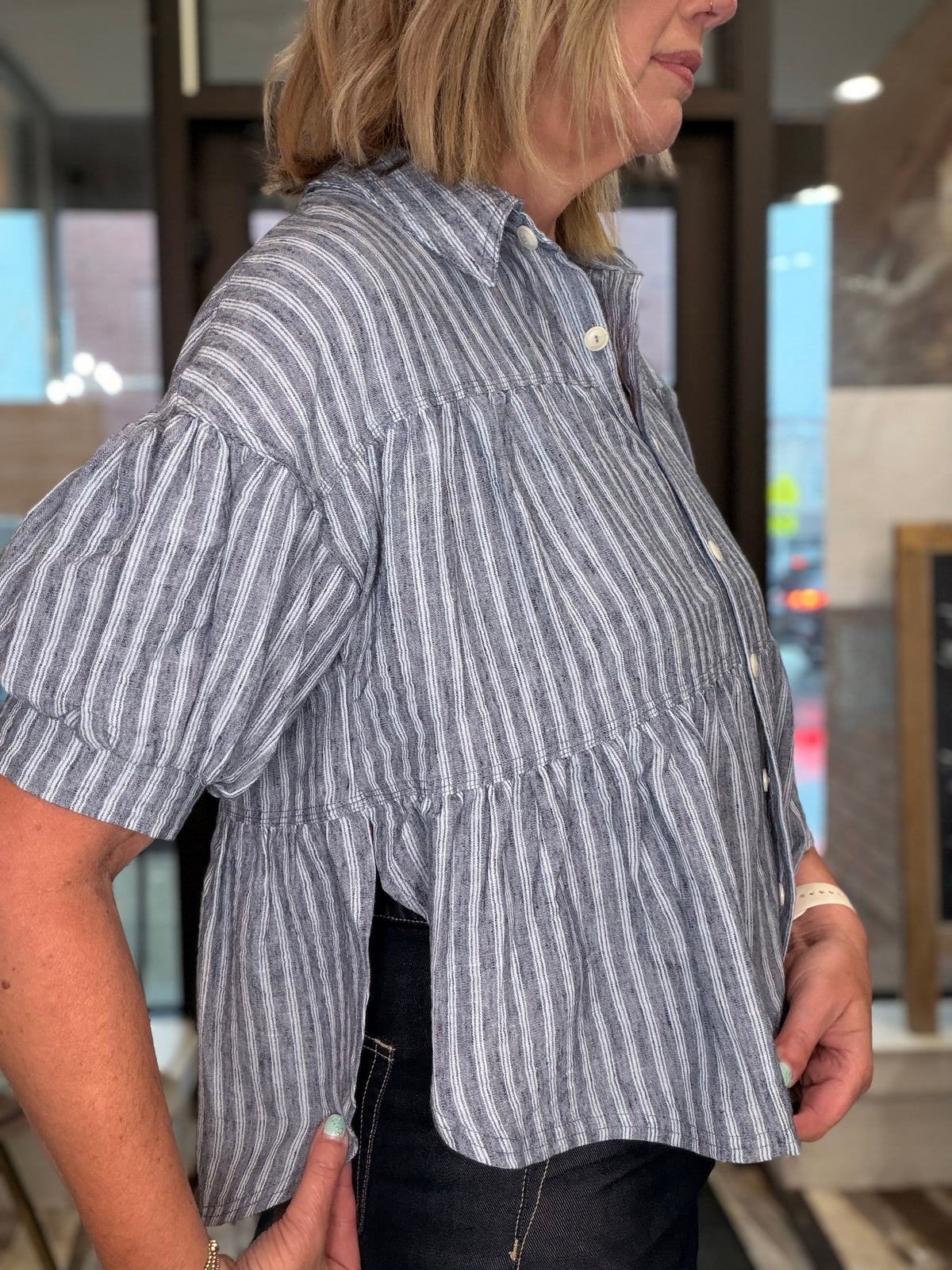 Tiered Striped Button Down Short Bubble Sleeve Top
