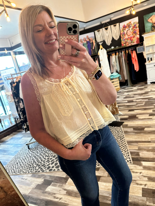 The Abbi Bow Tie Front Lace Trimmed Tank Top