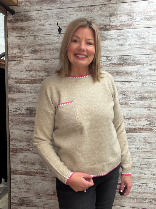 Crew Neck Blanket Stitched Pullover Sweater w/Pocket