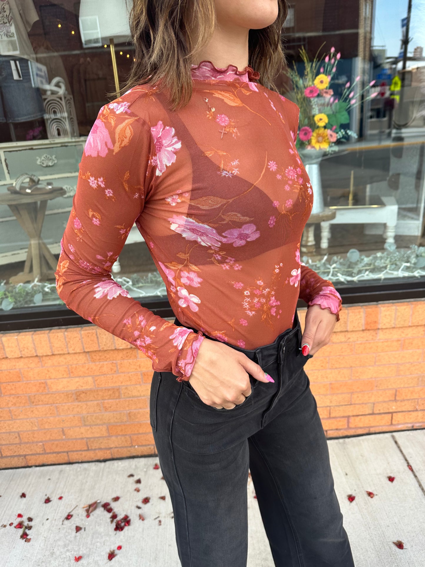The Zandrea Floral Mesh Print Cabbage Hem Long Sleeve Top