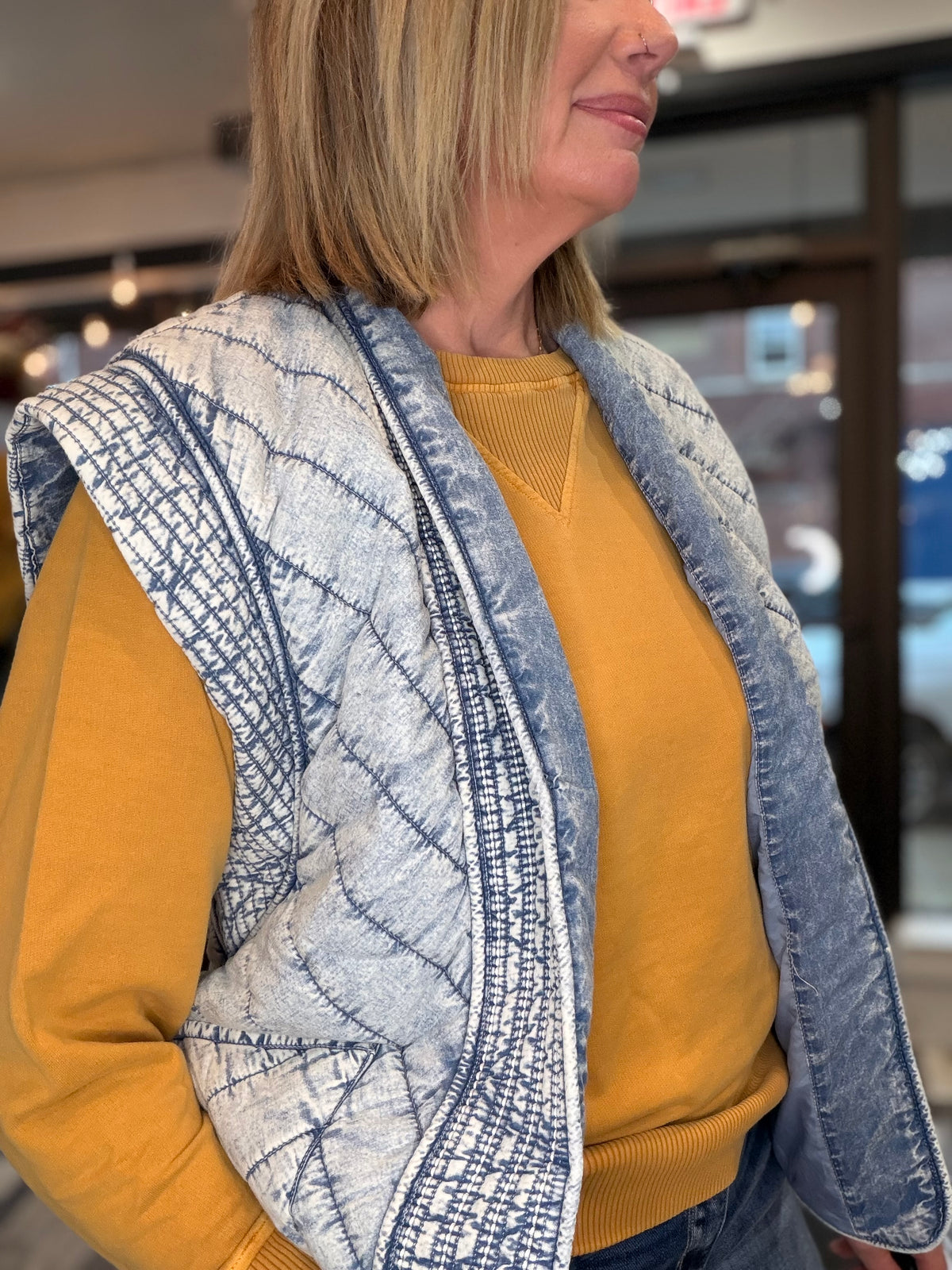The Kinley Washed Denim Quilted Shawl Vest