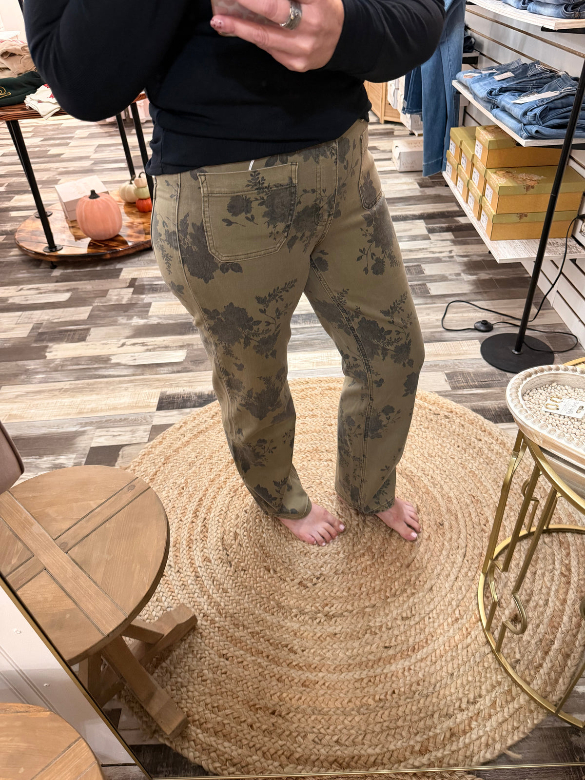 Sassy and Sweet High Rise Patch Pocket Floral Print Slim Wide Jeans by Lovervet
