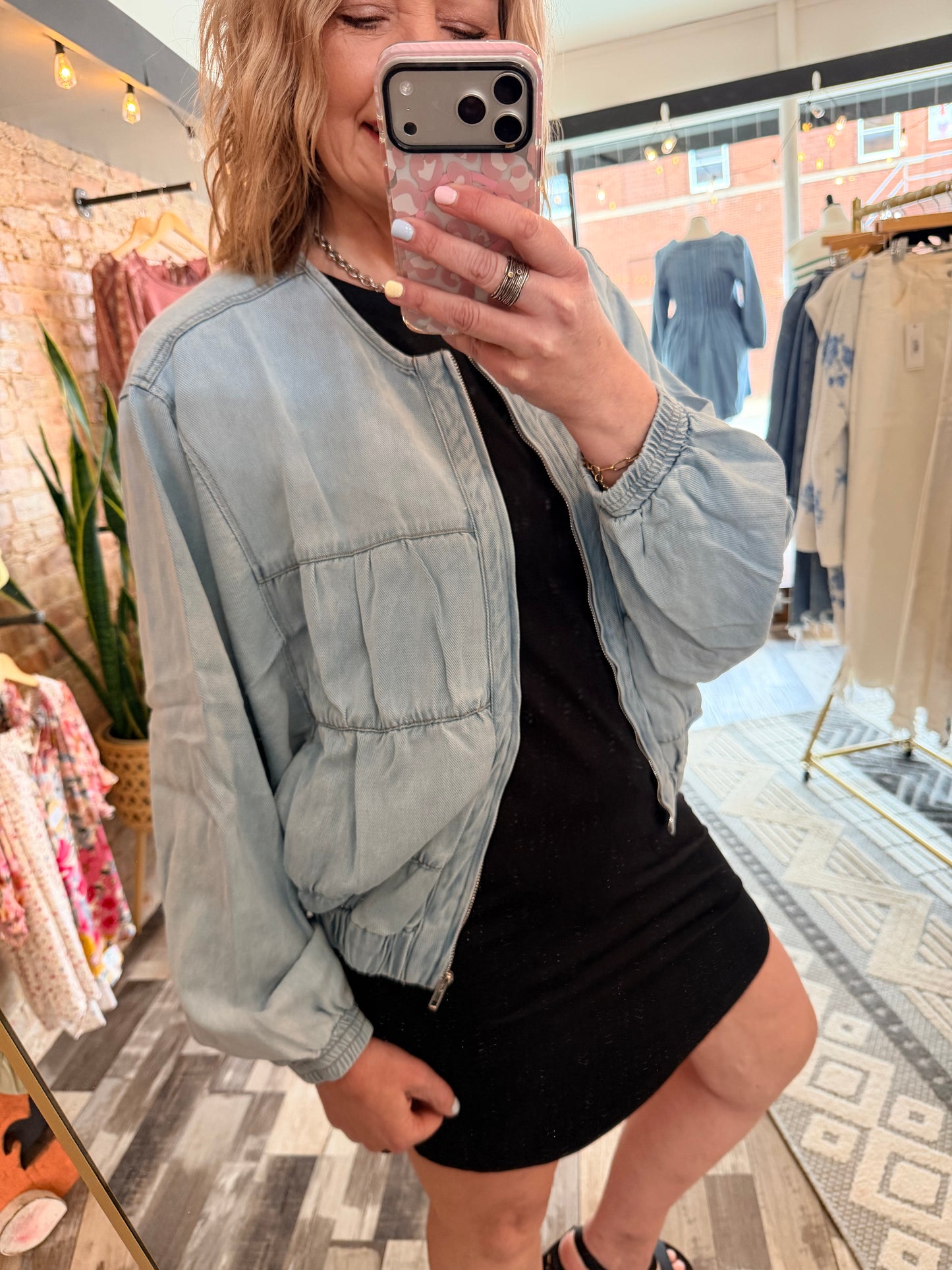 Oversized Ruched Denim Zip Jacket