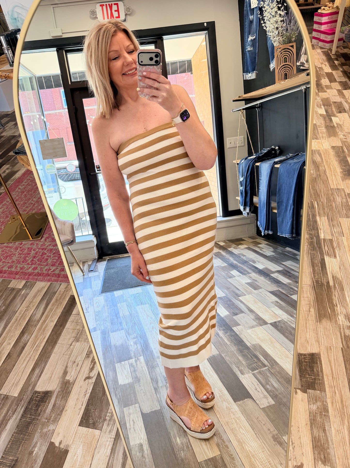The Kinsee Striped Strapless Knit Midi Dress