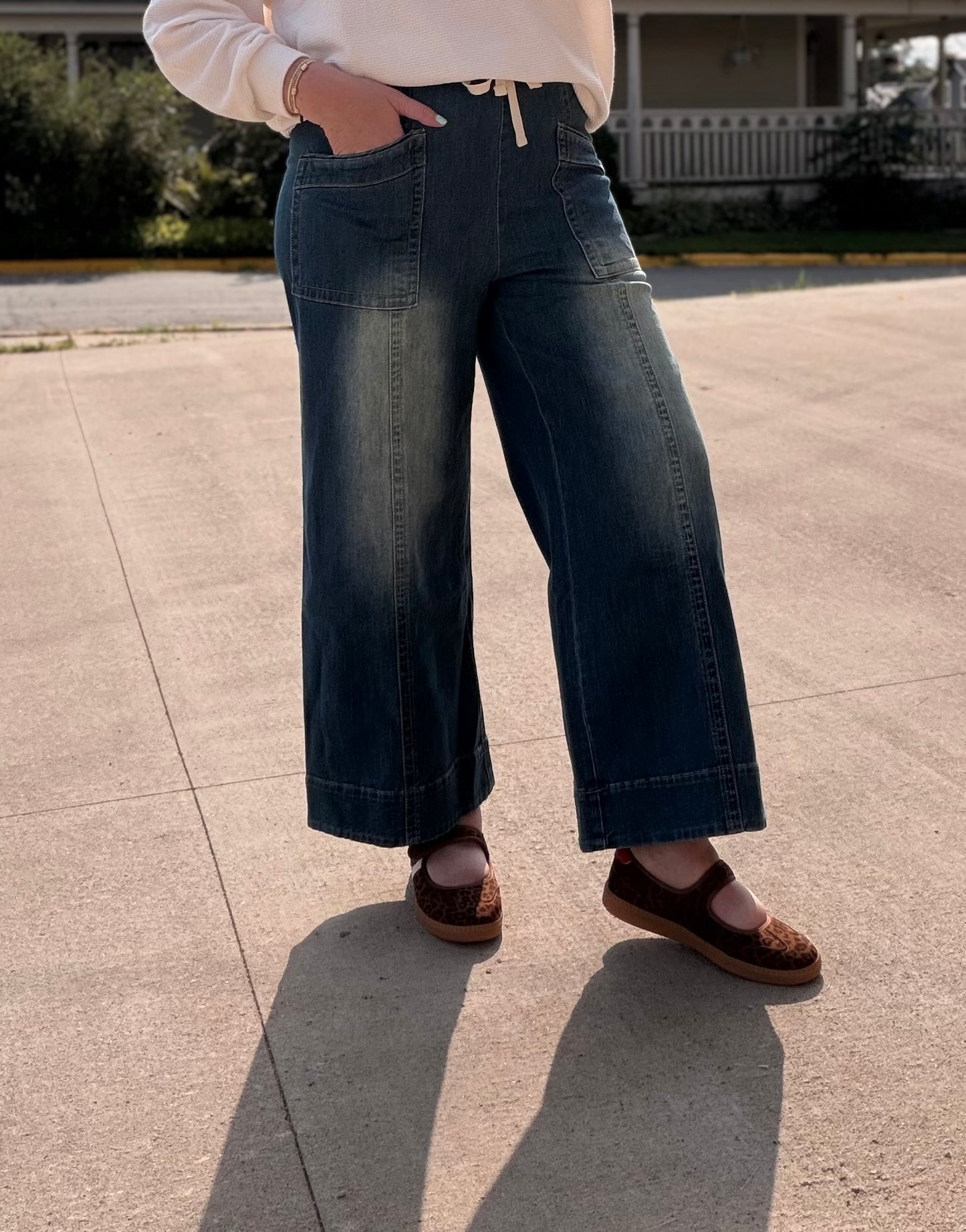 Easy Peasy Denim Wash Wide Leg Drawstring - Elastic Waist Pants