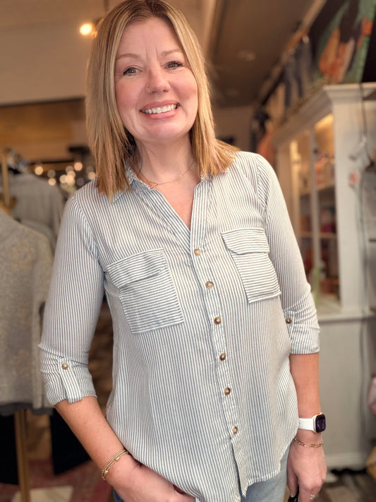 The Darcy Striped Collared Button Down With Pockets Top