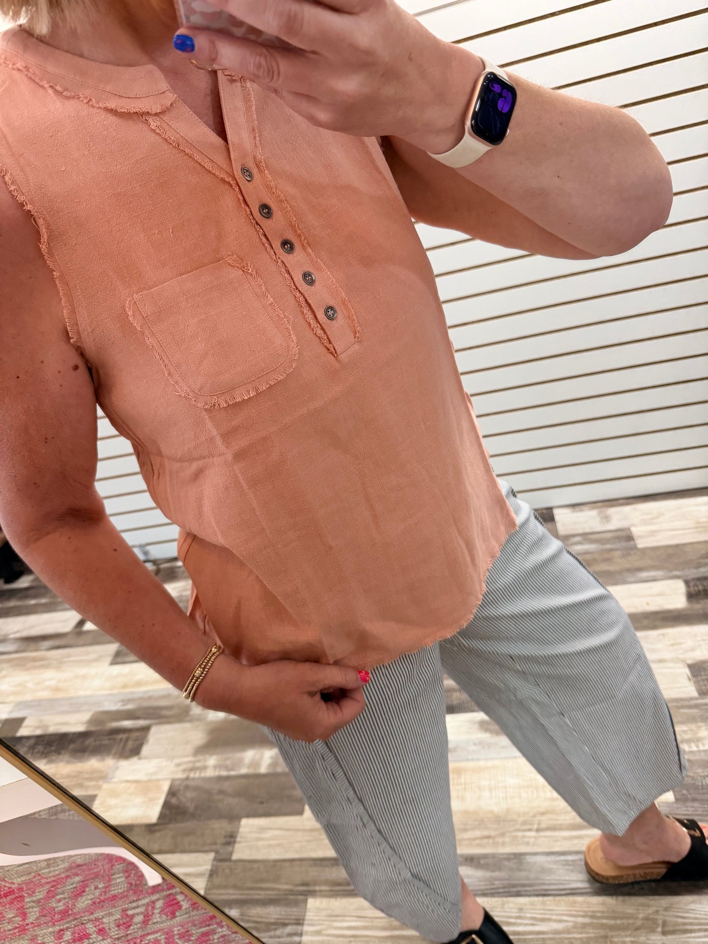 The Mari Linen Blend Split V-neck Frayed Sleeveless Top