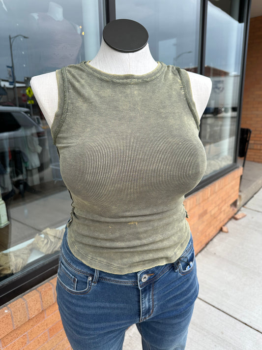 Washed Rib Tank with Exposed Seam - Light Olive