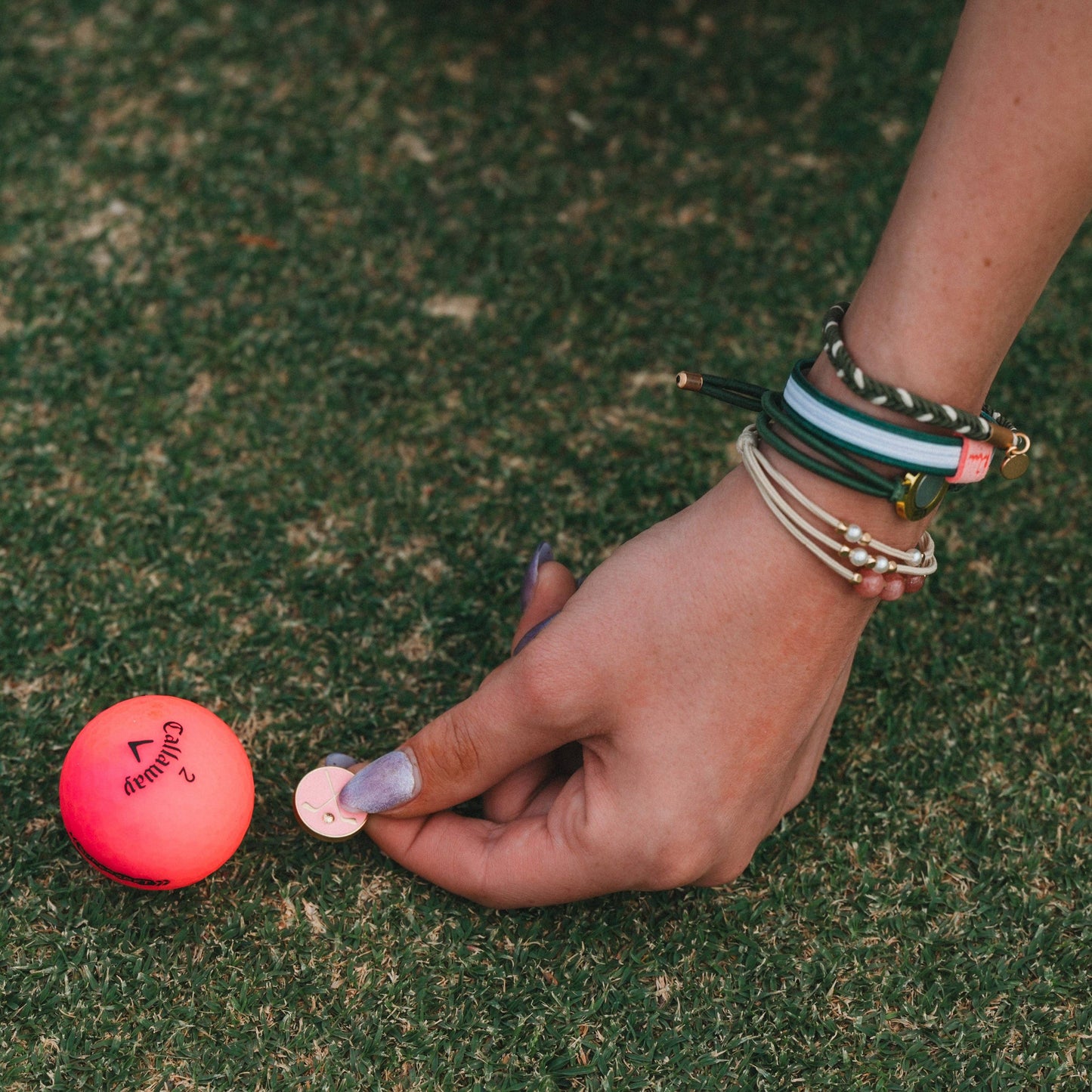 "Tee Time" Green & Pink Hair Tie Bracelets with Removable Ball Marker