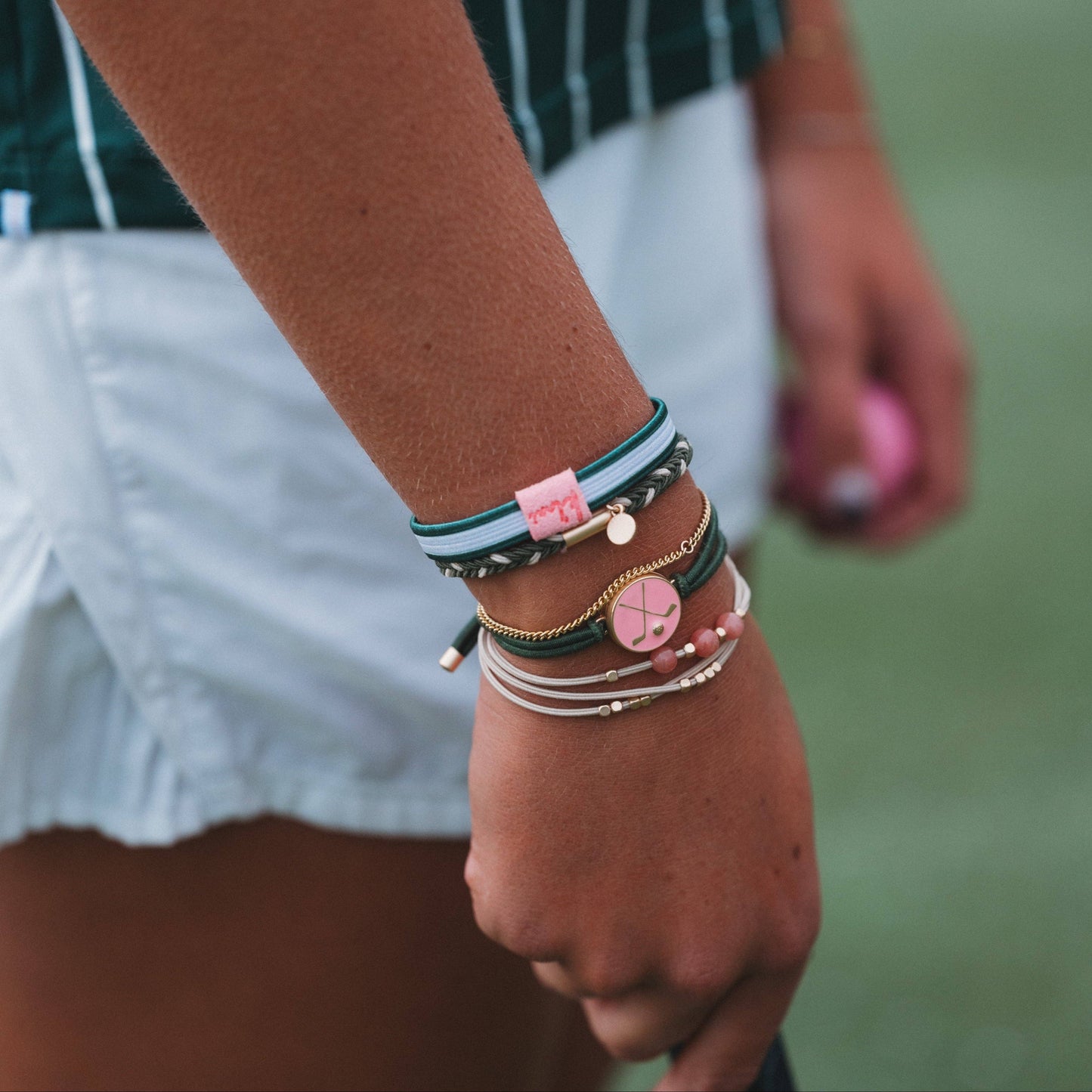 "Tee Time" Green & Pink Hair Tie Bracelets with Removable Ball Marker