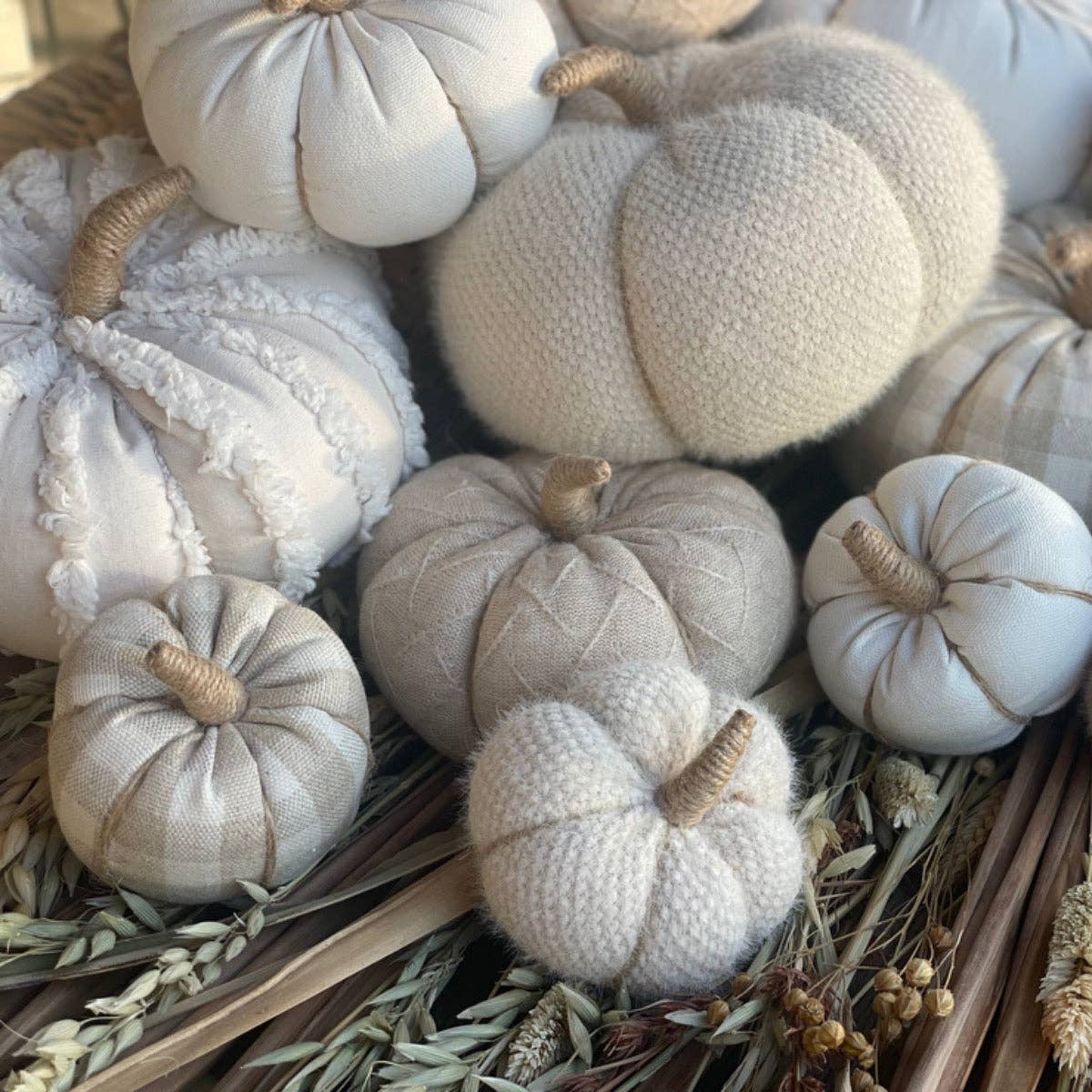 White Fuzzy Stripes Fall Fabric Pumpkin