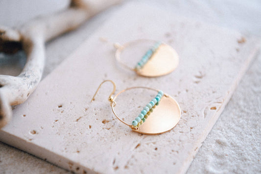 Gold Plated Half Moon & Seed Bead or Turquoise Beaded Hoops
