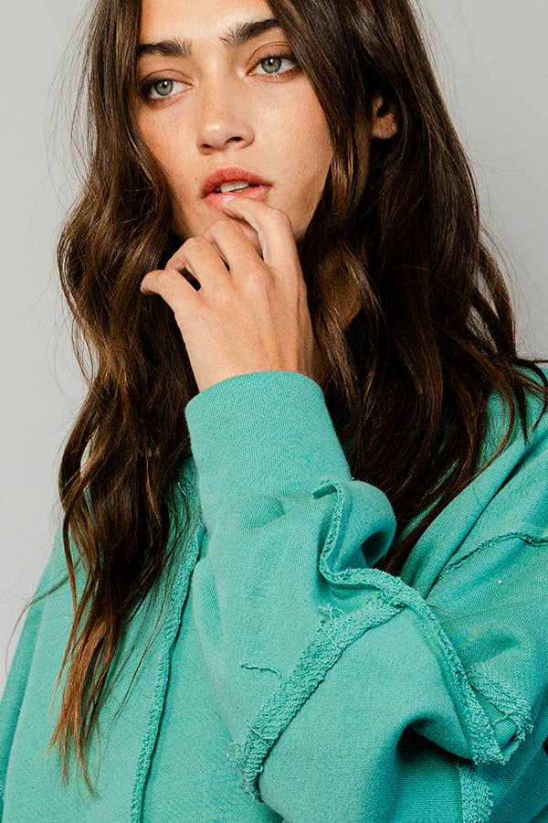 Raw Edge Detail Solid Terry Crop Pullover Top