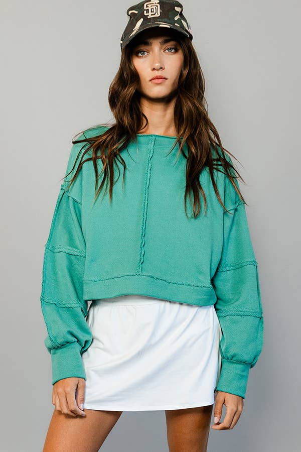 Raw Edge Detail Solid Terry Crop Pullover Top