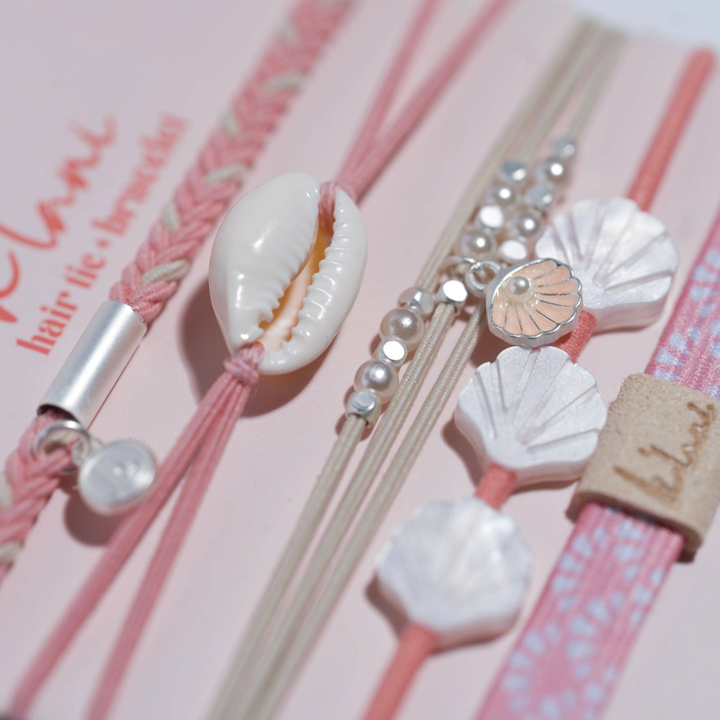 "Shimmer" Coral with Shell Hair Tie Bracelets