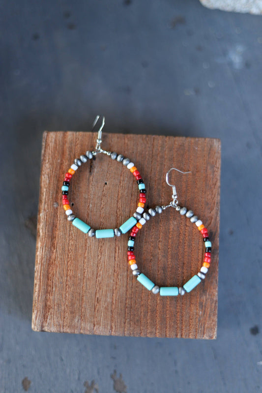 Turquoise Haven - MULTI SEED BEAD AND TURQ HOOP ER