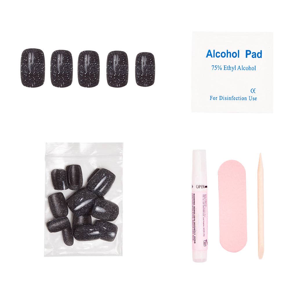 Cosmic Press-On Nails } Black Glitter | Short Squoval Shape