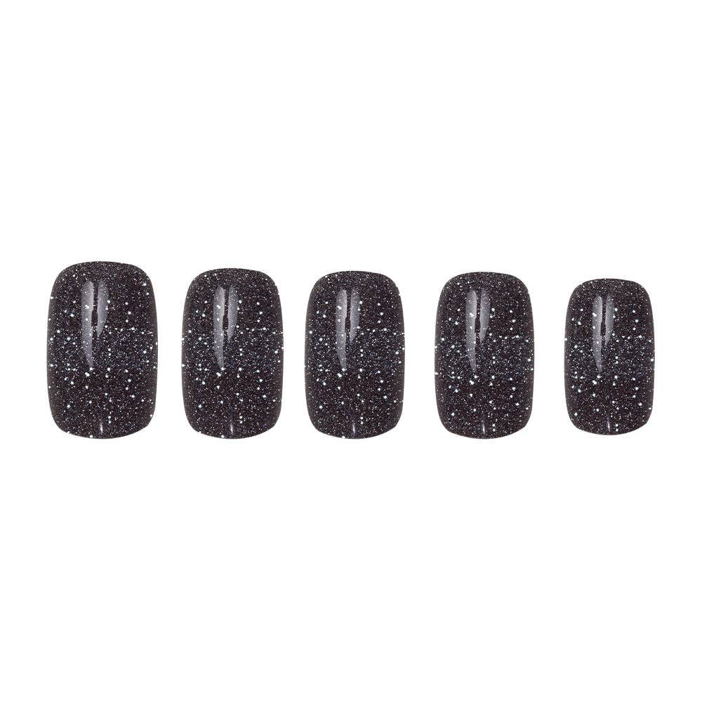 Cosmic Press-On Nails } Black Glitter | Short Squoval Shape