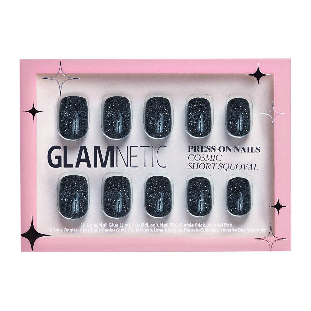 Cosmic Press-On Nails } Black Glitter | Short Squoval Shape