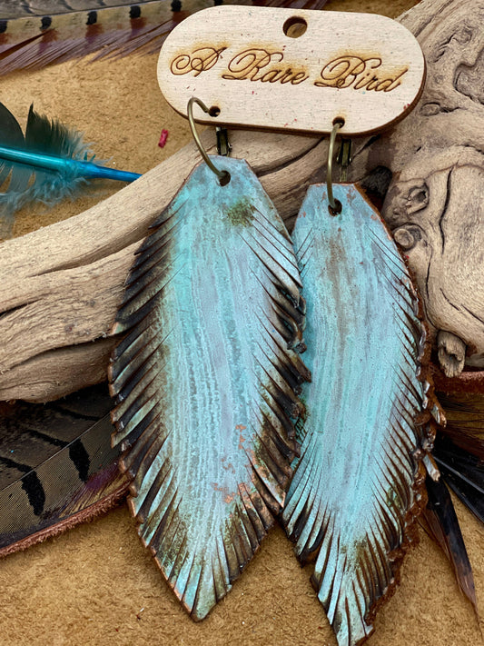 Hand-cut Patina Leather Feather Earrings