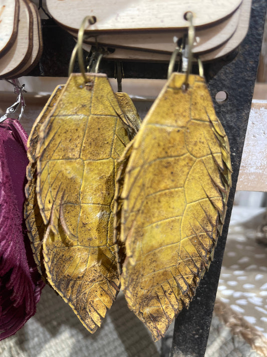 Hand-cut Mustard Scales Leather Feather Earrings
