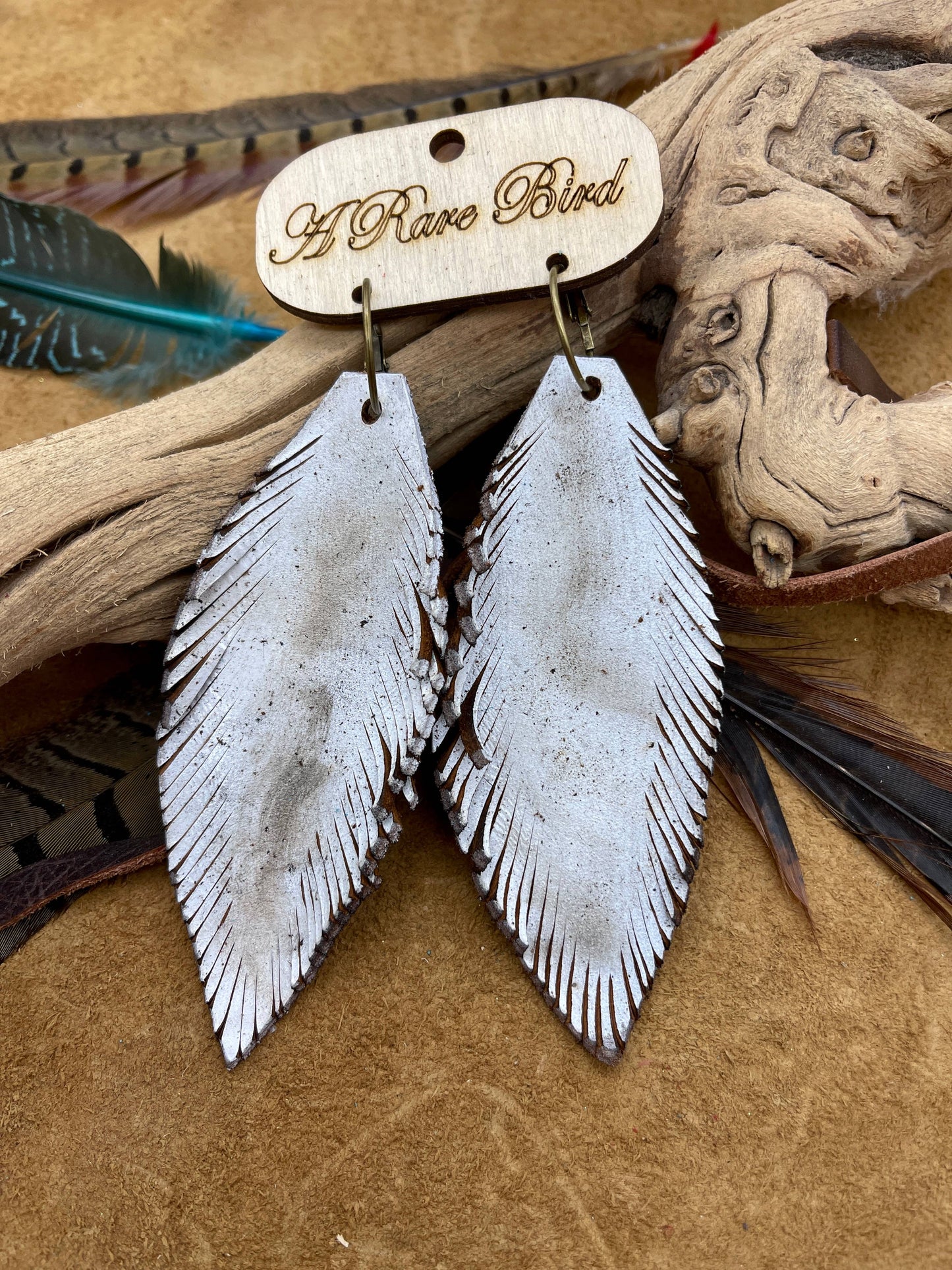 Hand-cut Dirty White Leather Feather Earrings